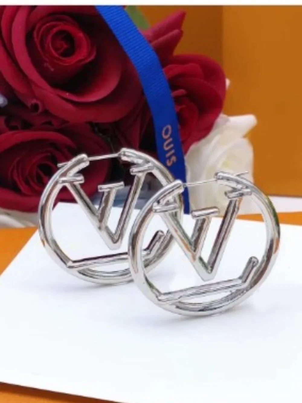 SALE Women's LV Silver Earrings Designer Luxury Hoop Extravagant 3cm NEW - Picture 2 of 3